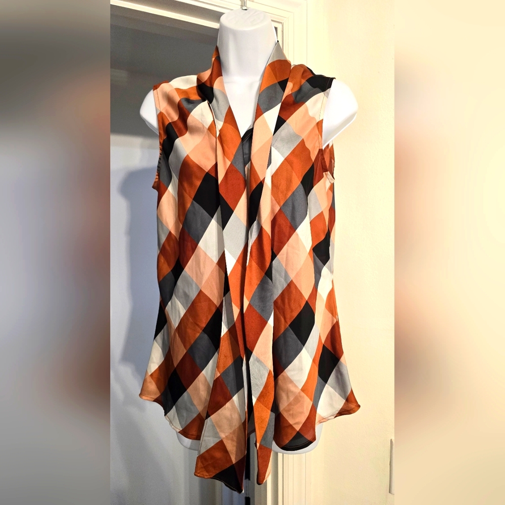 Nine West Orange Black Cream Geometric Sleeveless Blouse